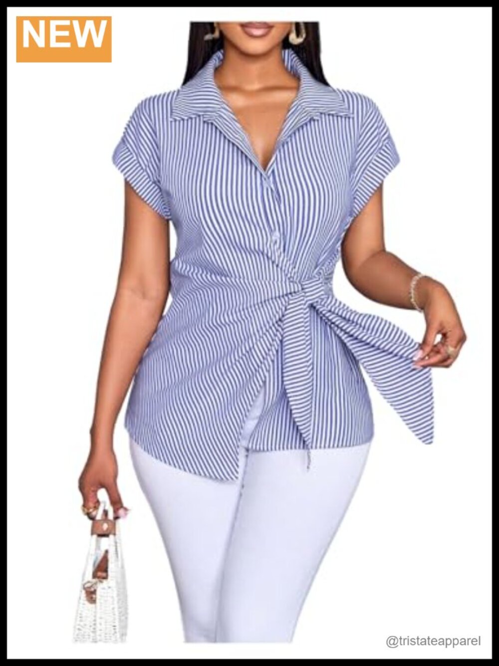 Women's Striped Button Down Blouse Short Sleeve Collared Office Top Cinched